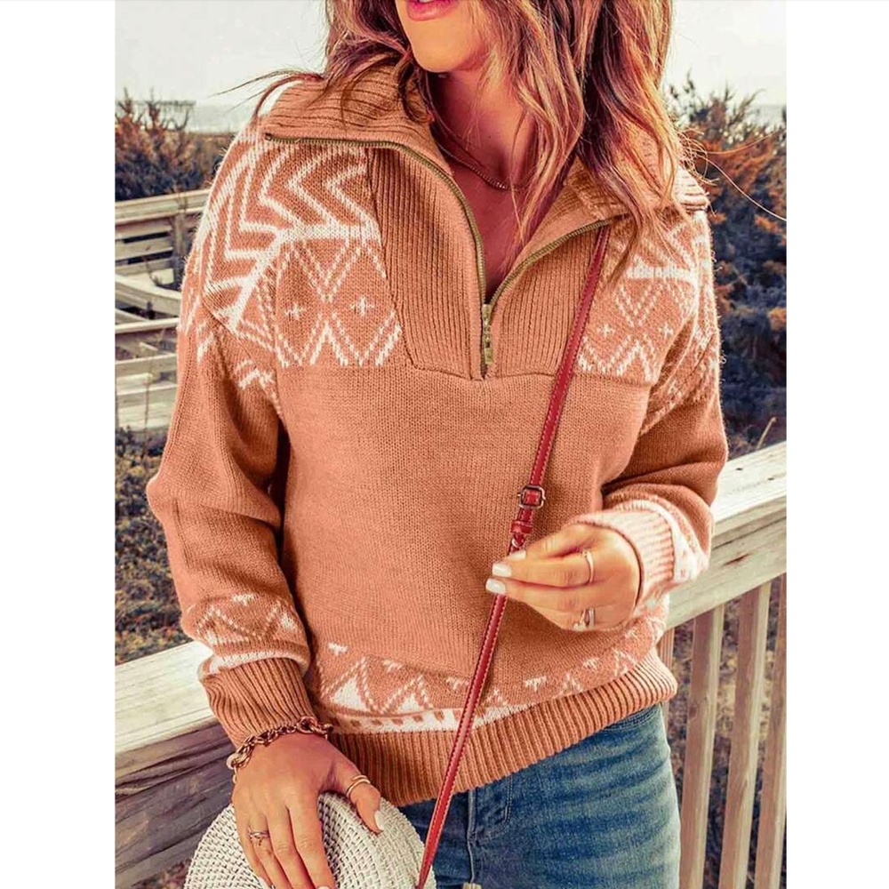 Nordic White Print on Coral Pink Thick Knit Pullover Sweater Zip Collar - Picture 2 of 8
